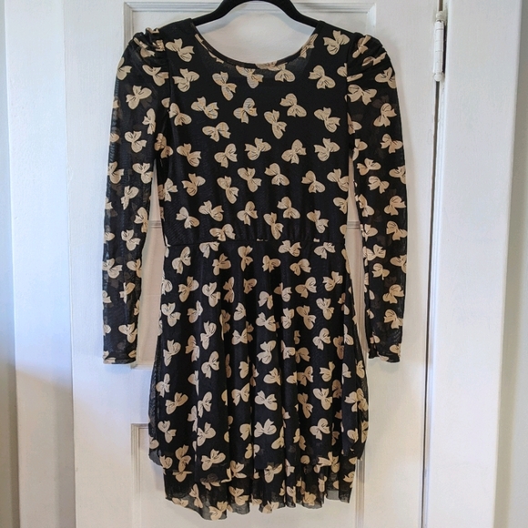 Black Long-Sleeve Tulle Dress with Bowtie Pattern - Picture 1 of 5